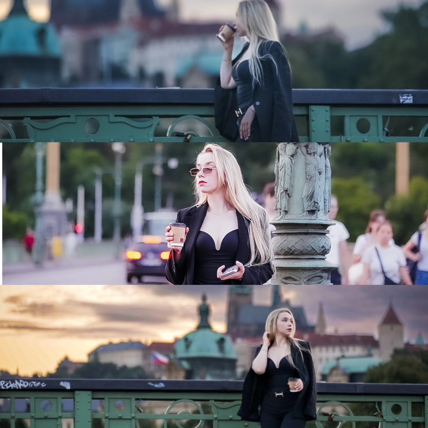Street portrait triptych of a woman by the river at sunset